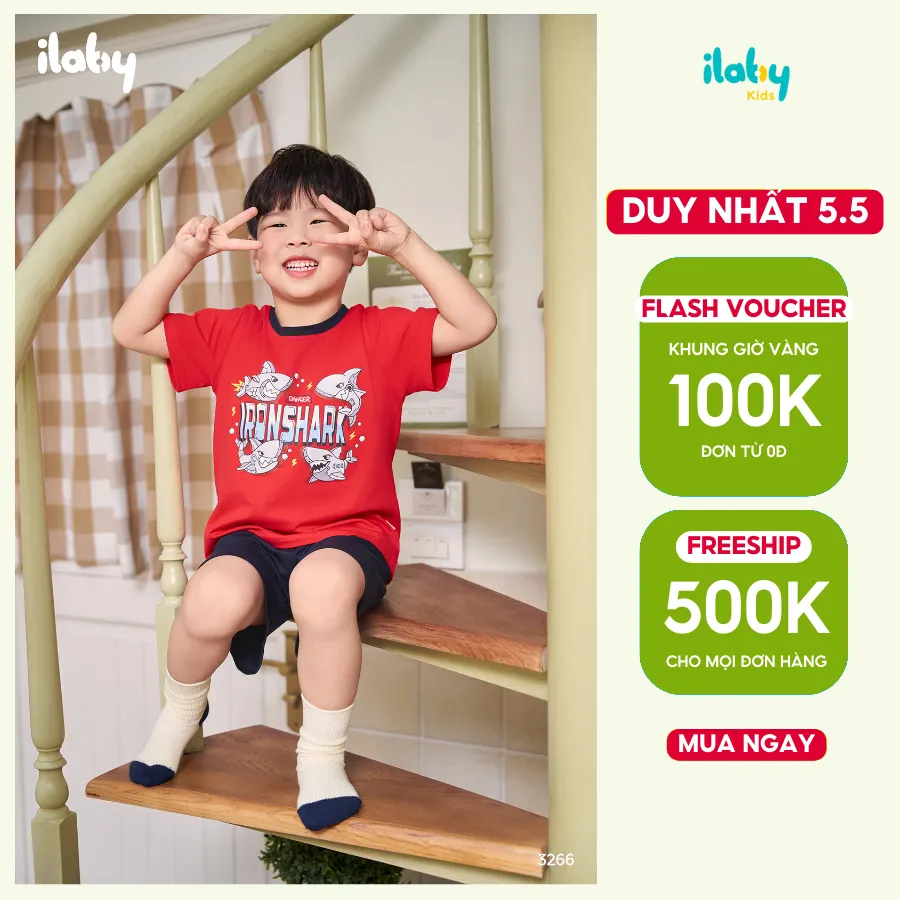 Ảnh Đồ bộ bé trai ILABY bộ thun cộc tay in hình Iron Shark chất liệu cotton 4 chiều  [3266] 1