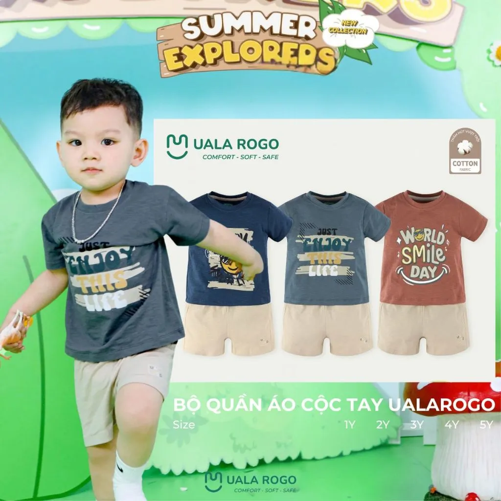 Ảnh Đồ bộ bé trai Ualarogo 1-5 tuổi cộc tay vải Cotton sớ gỗ co giãn mềm mại thoáng khí 3826 2