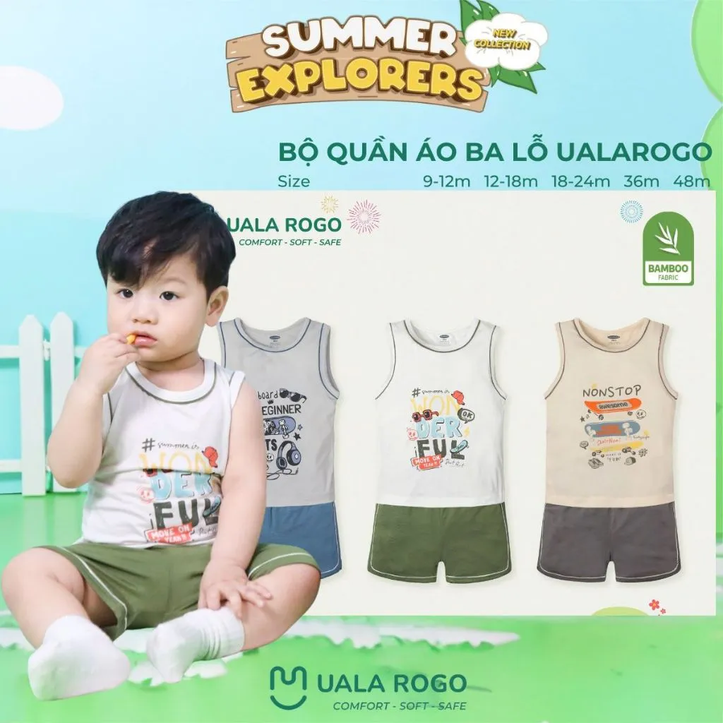 Ảnh Đồ bộ bé trai Ualarogo 9 tháng - 4 tuổi ba lỗ sát nách vải Sợi tre Bamboo mềm mịn thấm hút 2164 2