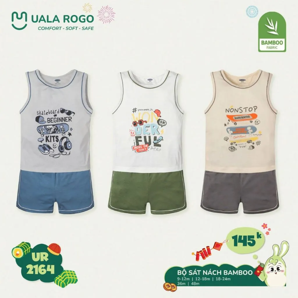 Ảnh Đồ bộ bé trai Ualarogo 9 tháng - 4 tuổi ba lỗ sát nách vải Sợi tre Bamboo mềm mịn thấm hút 2164 3