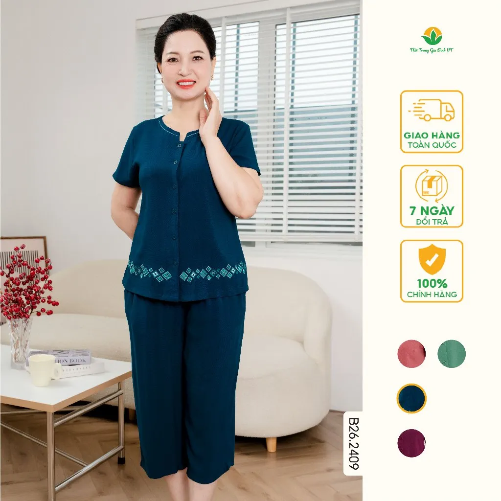Ảnh Đồ bộ lanh tole trung niên mặc nhà quần lửng, áo cộc tay thêu gấu thời trang Việt Thắng - B26.2409 4