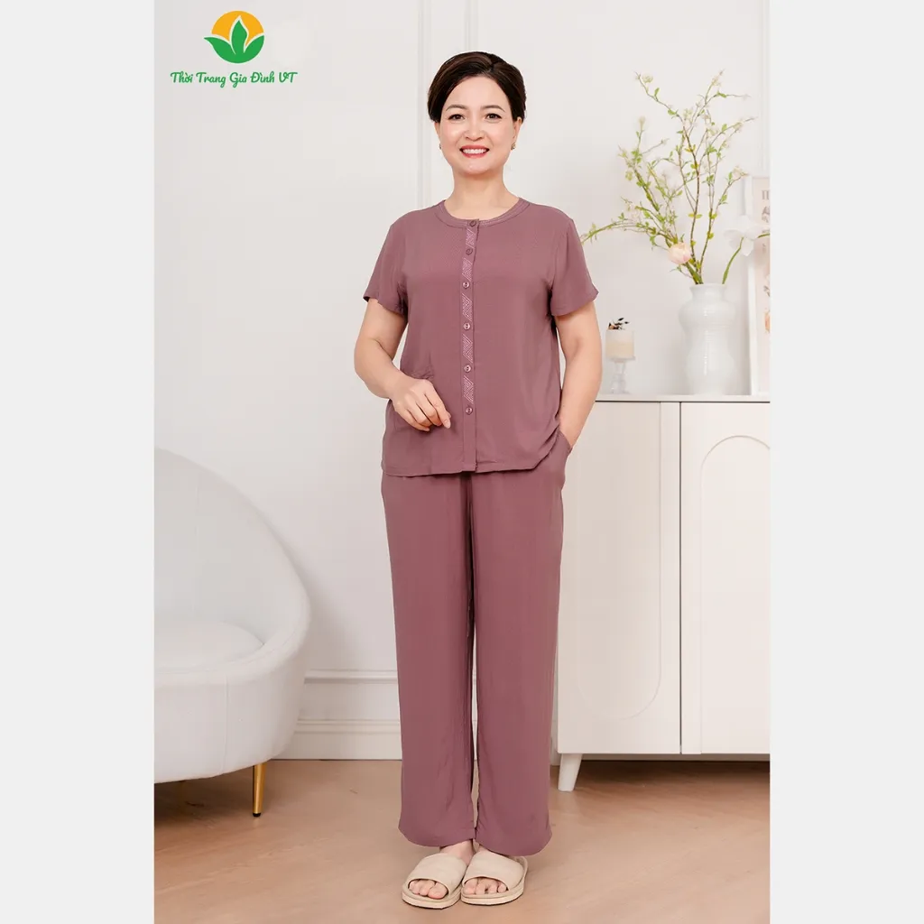 Ảnh Đồ bộ lanh trung niên mặc nhà quần dài, áo cộc tay có túi thời trang Việt Thắng - B28.5028 1
