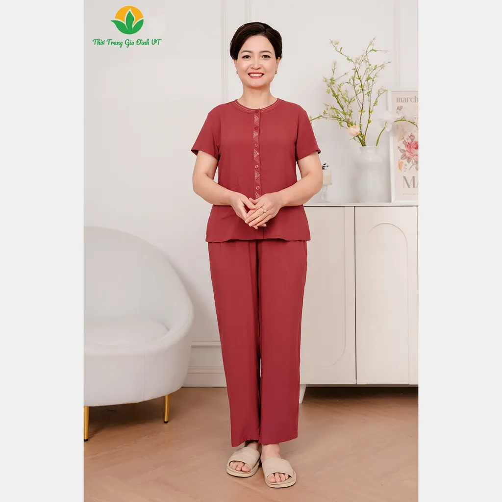 Ảnh Đồ bộ lanh trung niên mặc nhà quần dài, áo cộc tay có túi thời trang Việt Thắng - B28.5028 4