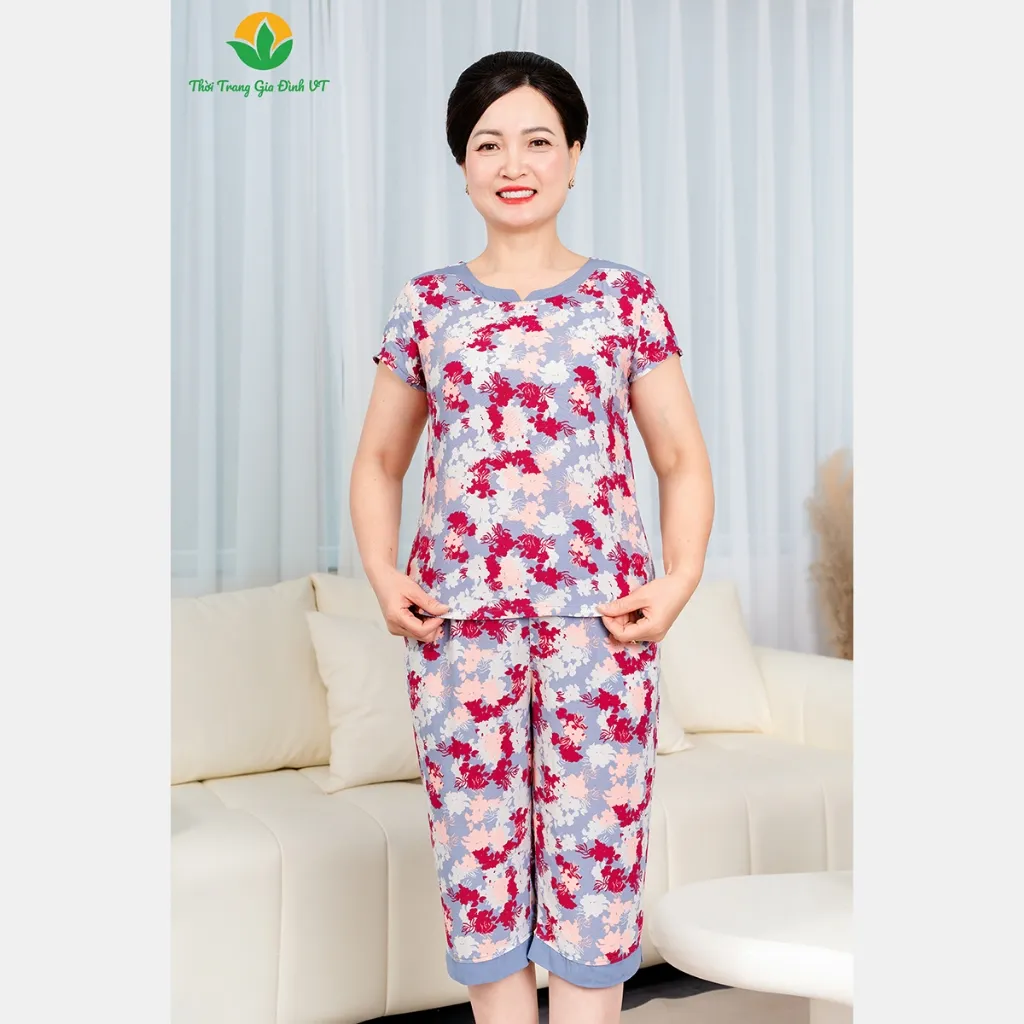 Ảnh Đồ bộ lanh trung niên mùa hè quần lửng , áo cộc tay cổ phối họa tiết thời trang Việt Thắng  B06.5014 2
