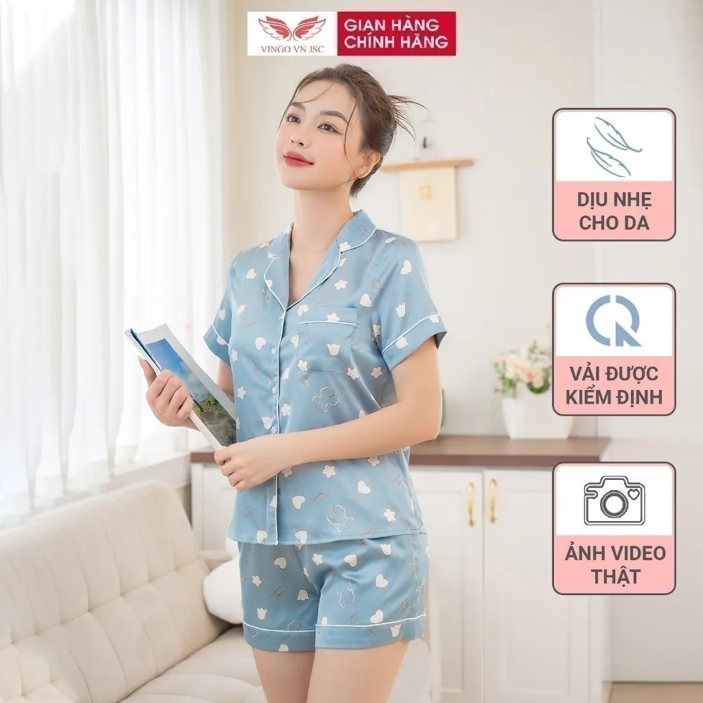 Ảnh Đồ bộ mặc nhà Pijama lụa VINGO tay ngắn mùa hè H685 VNGO 4