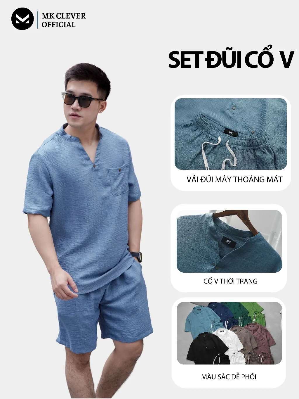Ảnh Đồ bộ nam cổ V MK CLEVER chất vải đũi mây nhẹ mát, thấm hút tốt, co giãn, thoải mái, đồ bộ nam lên dáng đẹp 2