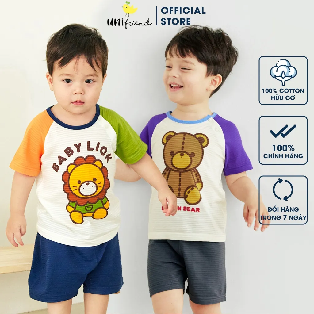 Ảnh Đồ bộ ngắn tay thun cotton dành cho bé trai, bé gái mặc nhà mùa hè Unifriend Hàn Quốc U2022-7. Size đại 5, 6, 8, 10 tuổi 1