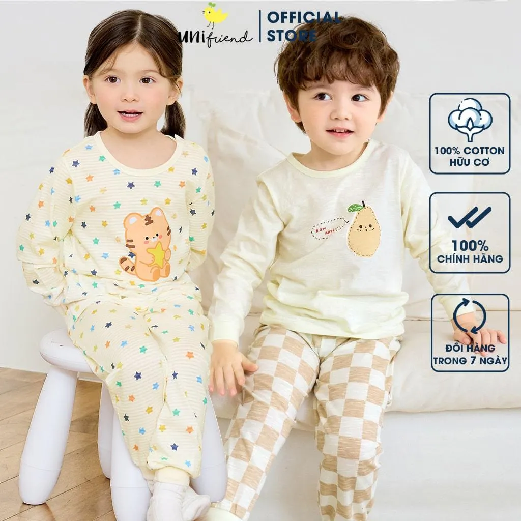Ảnh Đồ bộ ngủ tay dài quần áo thun cotton mặc nhà mùa hè dáng rộng cho bé trai và bé gái Unifriend Hàn Quốc U2024-49 1