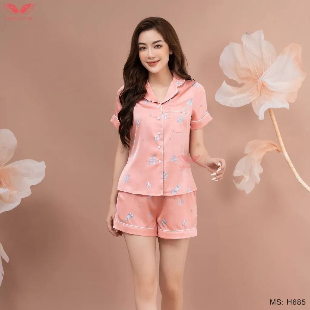 Ảnh Đồ bộ nữ Pijama lụa mặc nhà VINGO tay ngắn mùa Hè H685 - H965 VNGO 2