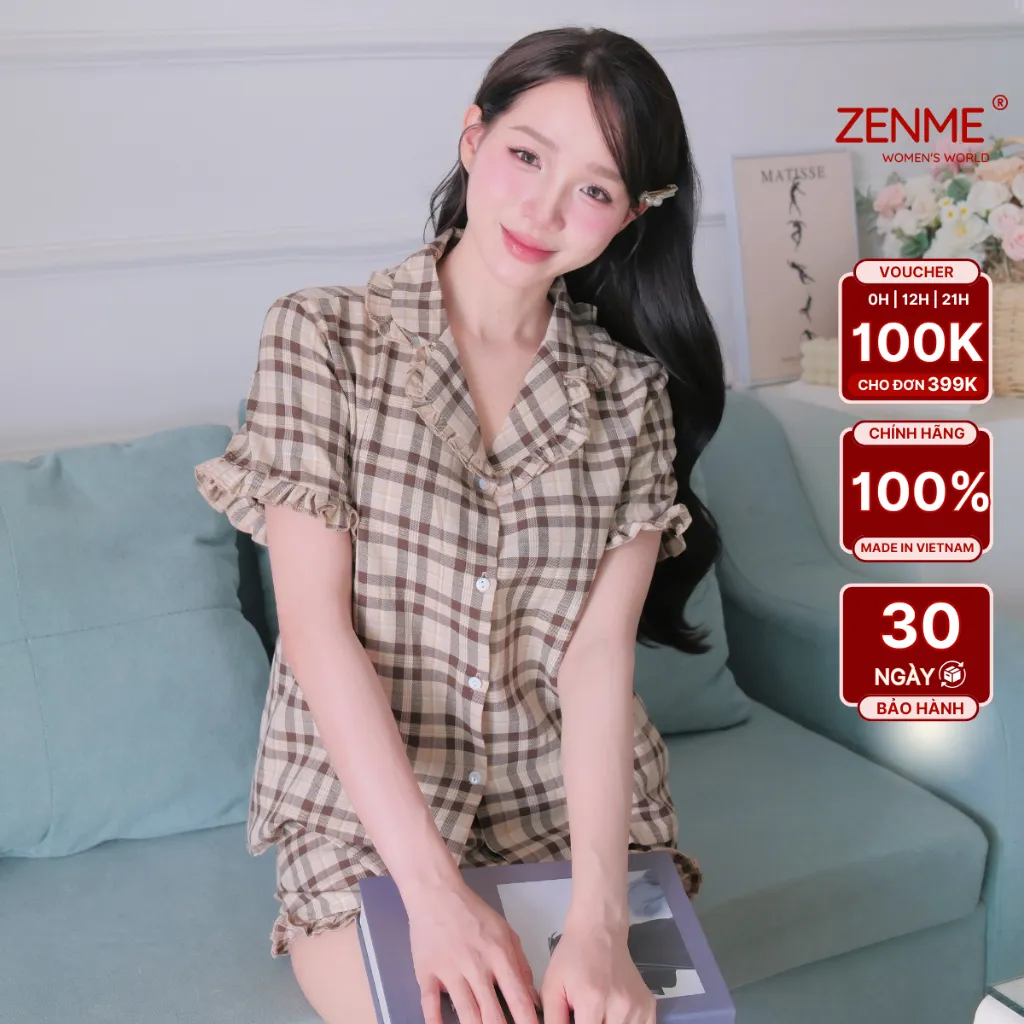Ảnh Đồ Bộ Nữ Pijama Mặc Nhà ZENME Chất Liệu Thô Cotton Họa Tiết Caro Dễ Thương PTB0425 2