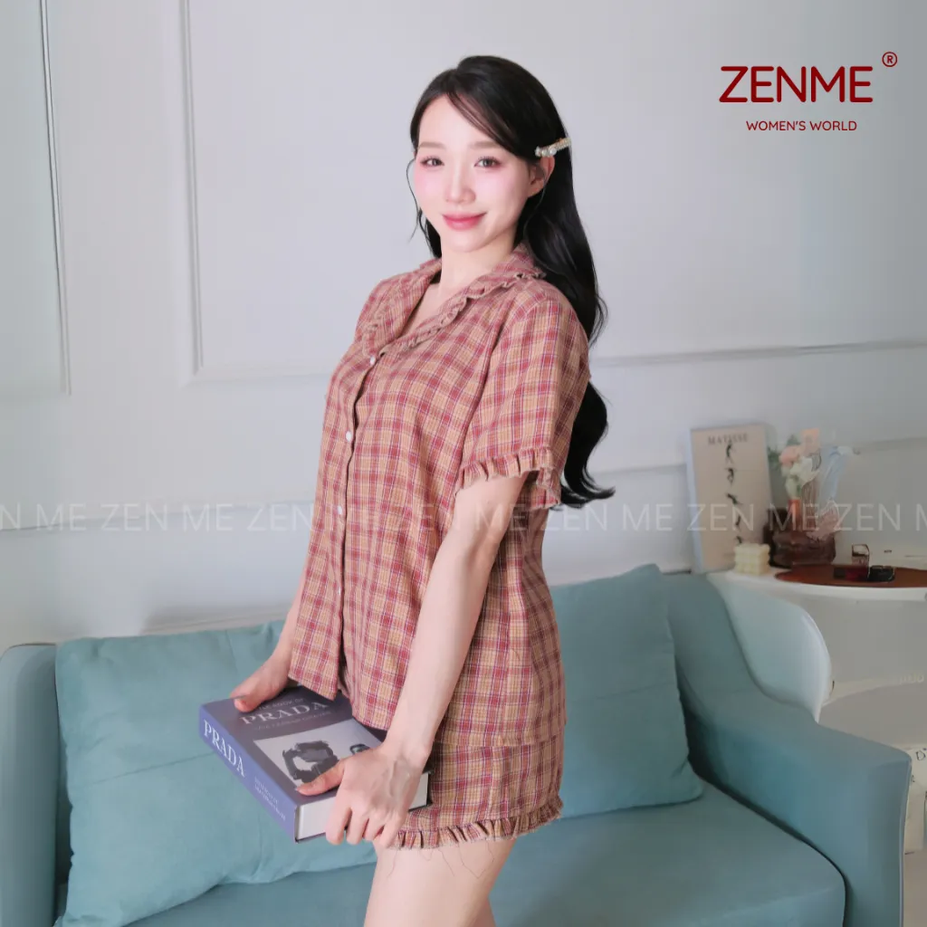 Ảnh Đồ Bộ Nữ Pijama Mặc Nhà ZENME Chất Liệu Thô Cotton Họa Tiết Caro Dễ Thương PTB0425 3