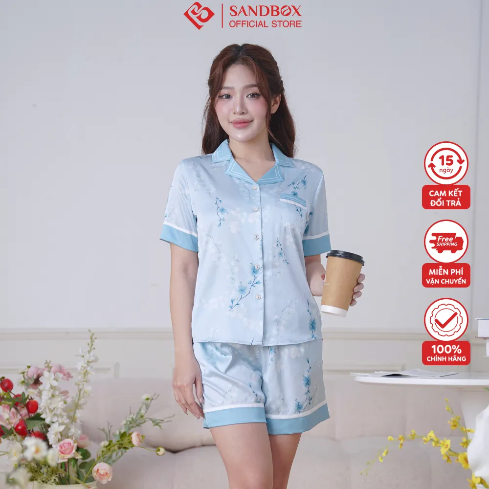 Ảnh Đồ Bộ Nữ SANDBOX Pijama Chất Lụa Latin Cao Cấp Bộ Mặc Nhà Áo Cộc Tay Quần Đùi Họa Tiết BLD25 4