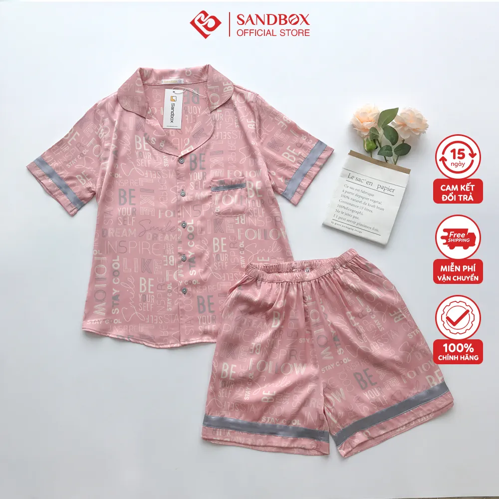 Ảnh Đồ Bộ Nữ SANDBOX Pijama Chất Lụa Latin Cao Cấp Bộ Mặc Nhà Áo Cộc Tay Quần Đùi Họa Tiết BLD23004 4