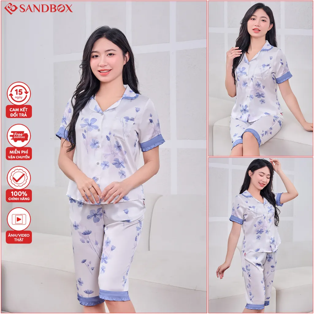 Ảnh Đồ Bộ Nữ SANDBOX Pijama Lửng Chất Lụa Latin Cao Cấp Họa Tiết Phối Viền Độc Đáo BLL24004 4