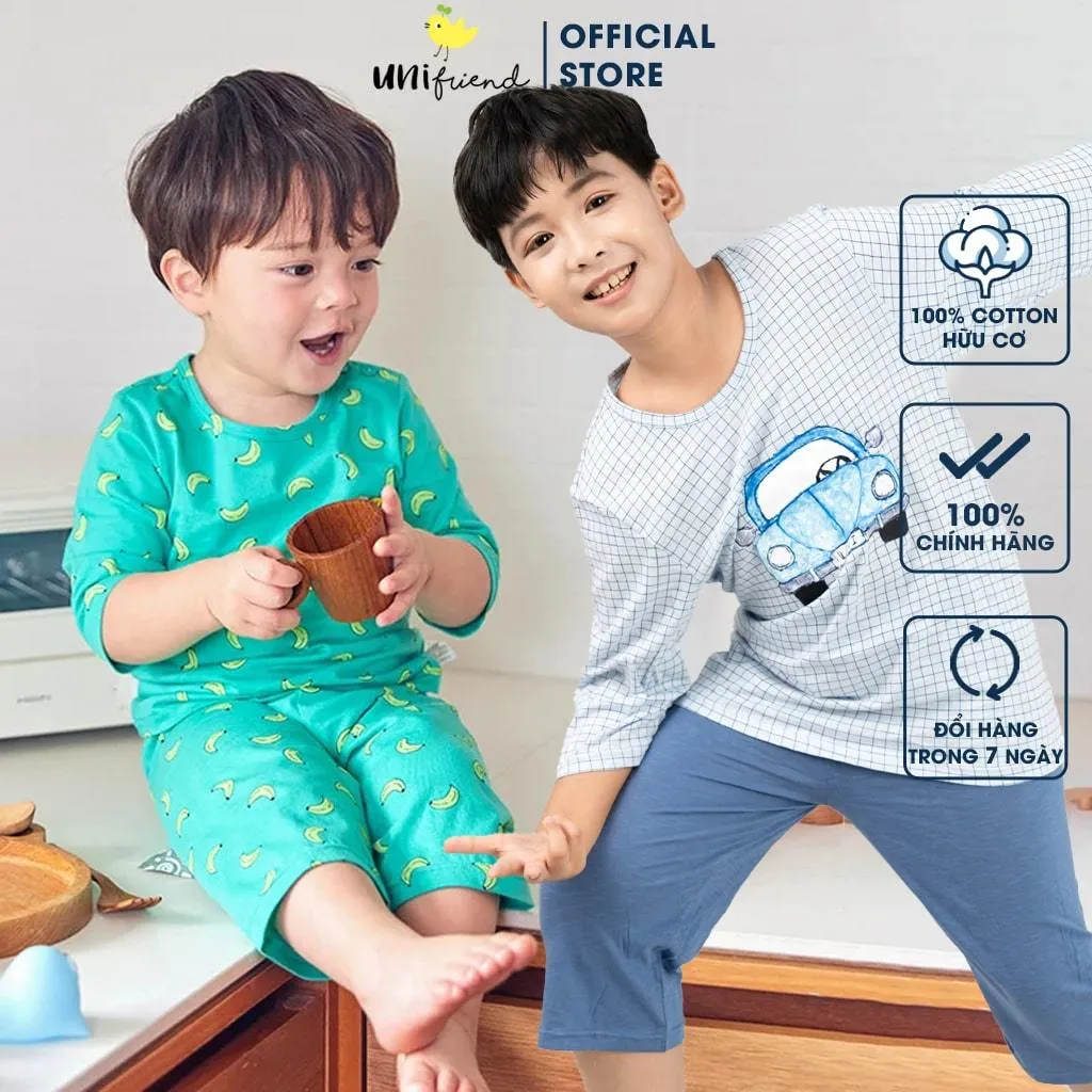 Ảnh Đồ bộ quần áo thun cotton lửng tay cho bé trai và bé gái mặc nhà mùa hè chính hãng Unifriend Hàn Quốc U2022-4 1