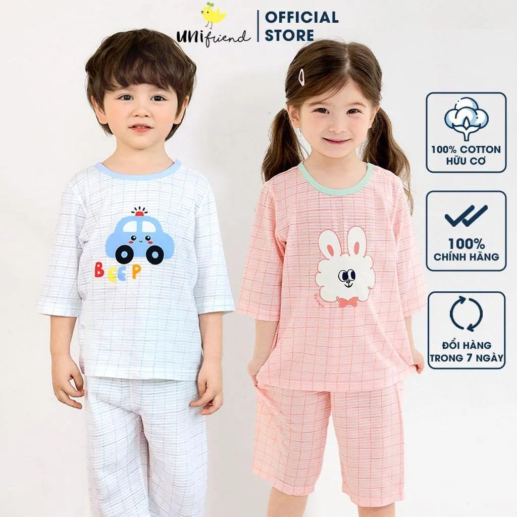 Ảnh Đồ bộ quần áo thun cotton lửng tay cho bé trai và bé gái mặc nhà mùa hè chính hãng Unifriend Hàn Quốc U2022-3 1