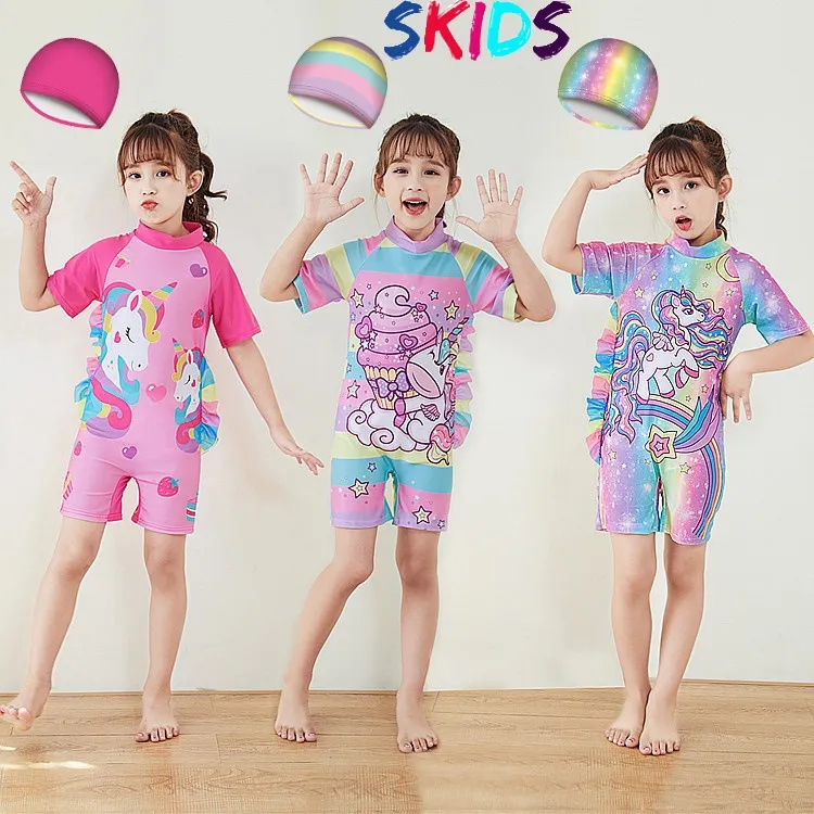 Ảnh Đồ bơi bé gái đi biển SKIDS sét đồ bơi cho trẻ em liền thân họa tiết kỳ lân tặng kèm mũ đáng yêu 1