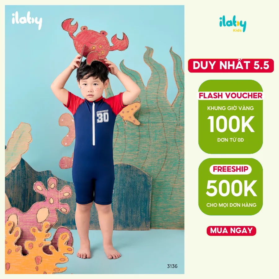 Ảnh Đồ bơi bé trai ILABY đồ bơi cộc tay quần đùi chất liệu thun lạnh chống nước size đại 9-38kg [3136] 1