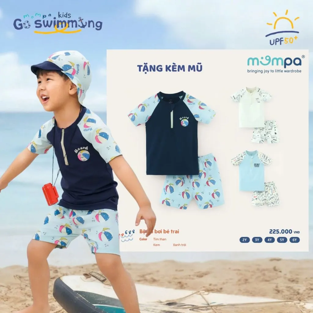 Review Đồ Bơi Bé Trai Mompa 2-6 Tuổi: Vải Nhanh Khô, Tặng Mũ, Siêu Đáng Yêu!