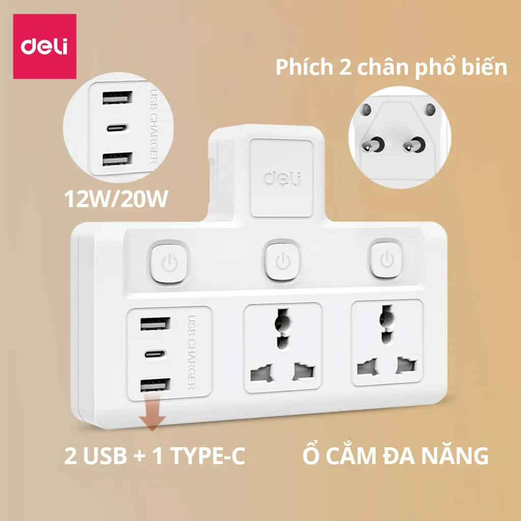 Ảnh Ổ Cắm Chia Điện Deli, Ổ Cắm Điện Chữ T Công Suất 2500W Tích Hợp Cổng USB &TypeC Sạc Nhanh 20W 1