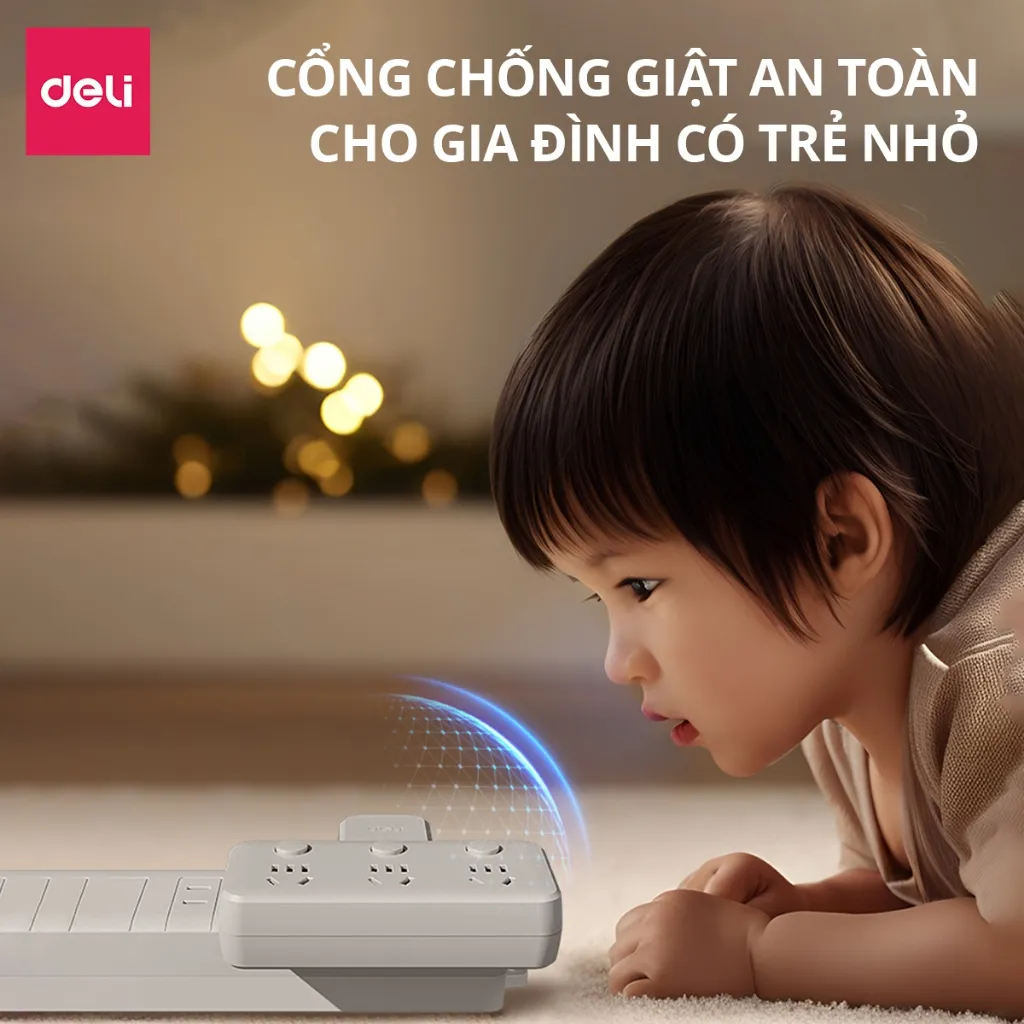 Ảnh Ổ Cắm Chia Điện Deli, Ổ Cắm Điện Chữ T Công Suất 2500W Tích Hợp Cổng USB &TypeC Sạc Nhanh 20W 2