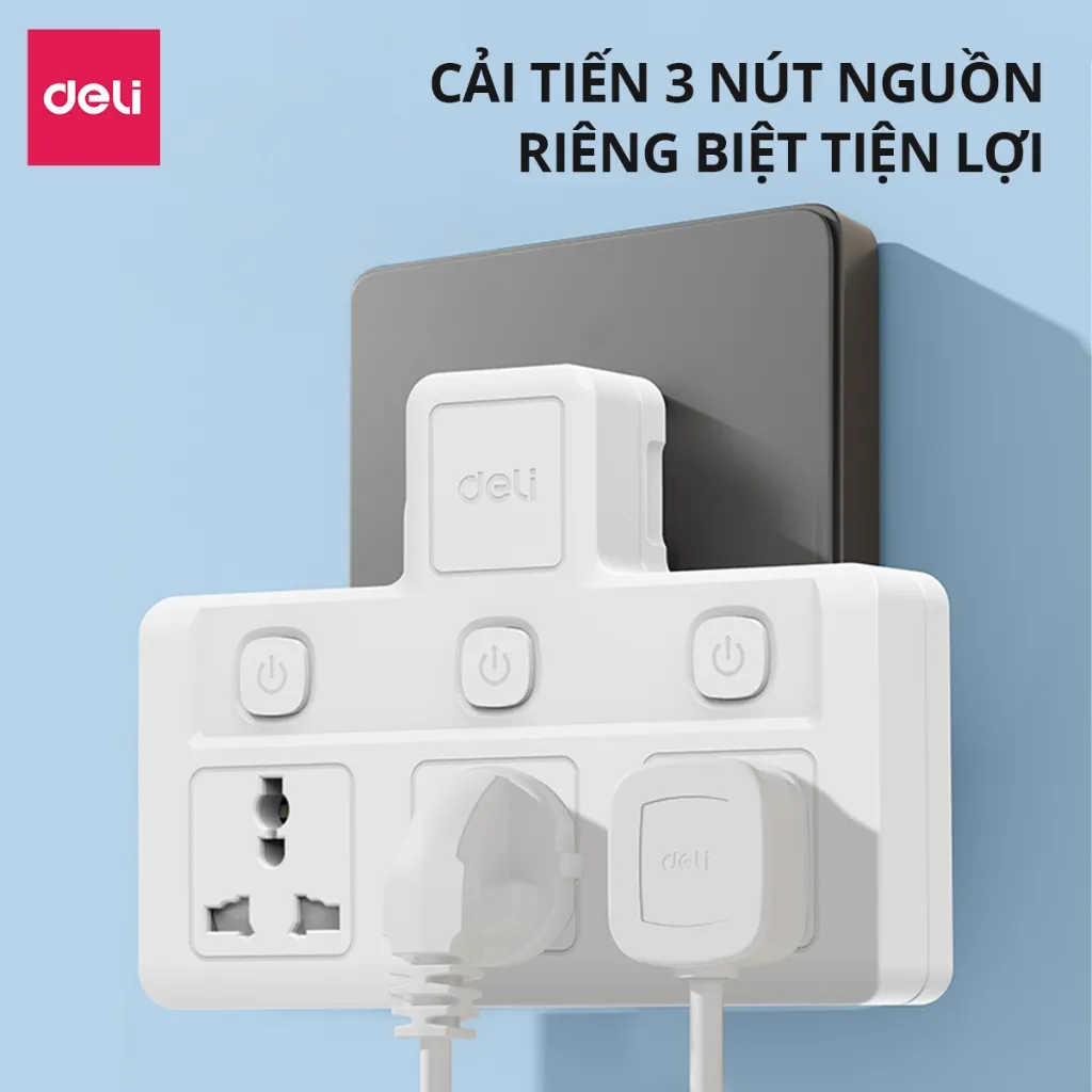Ảnh Ổ Cắm Chia Điện Deli, Ổ Cắm Điện Chữ T Công Suất 2500W Tích Hợp Cổng USB &TypeC Sạc Nhanh 20W 3