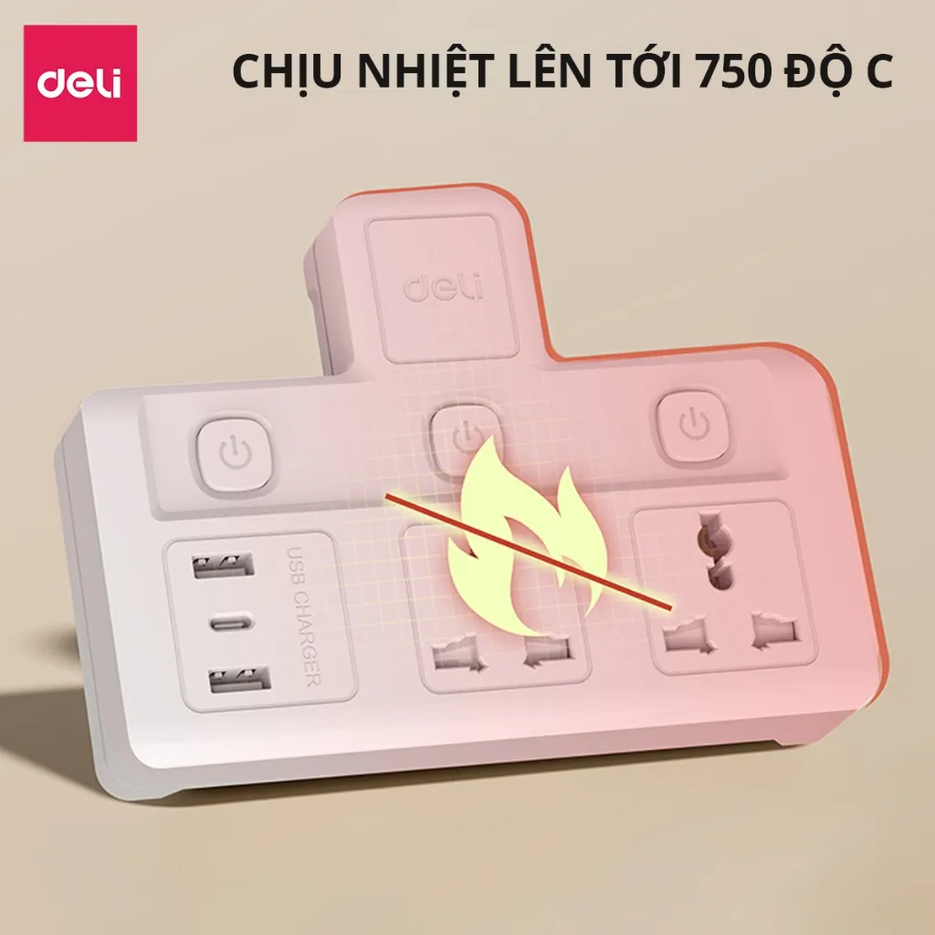 Ảnh Ổ Cắm Chia Điện Deli, Ổ Cắm Điện Chữ T Công Suất 2500W Tích Hợp Cổng USB &TypeC Sạc Nhanh 20W 4