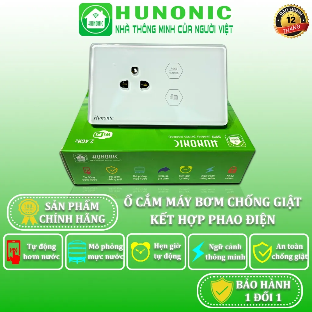 Ổ Cắm Chống Giật Máy Bơm Hunonic SPS An Toàn Tuyệt Đối, Kết Nối Phao Điện