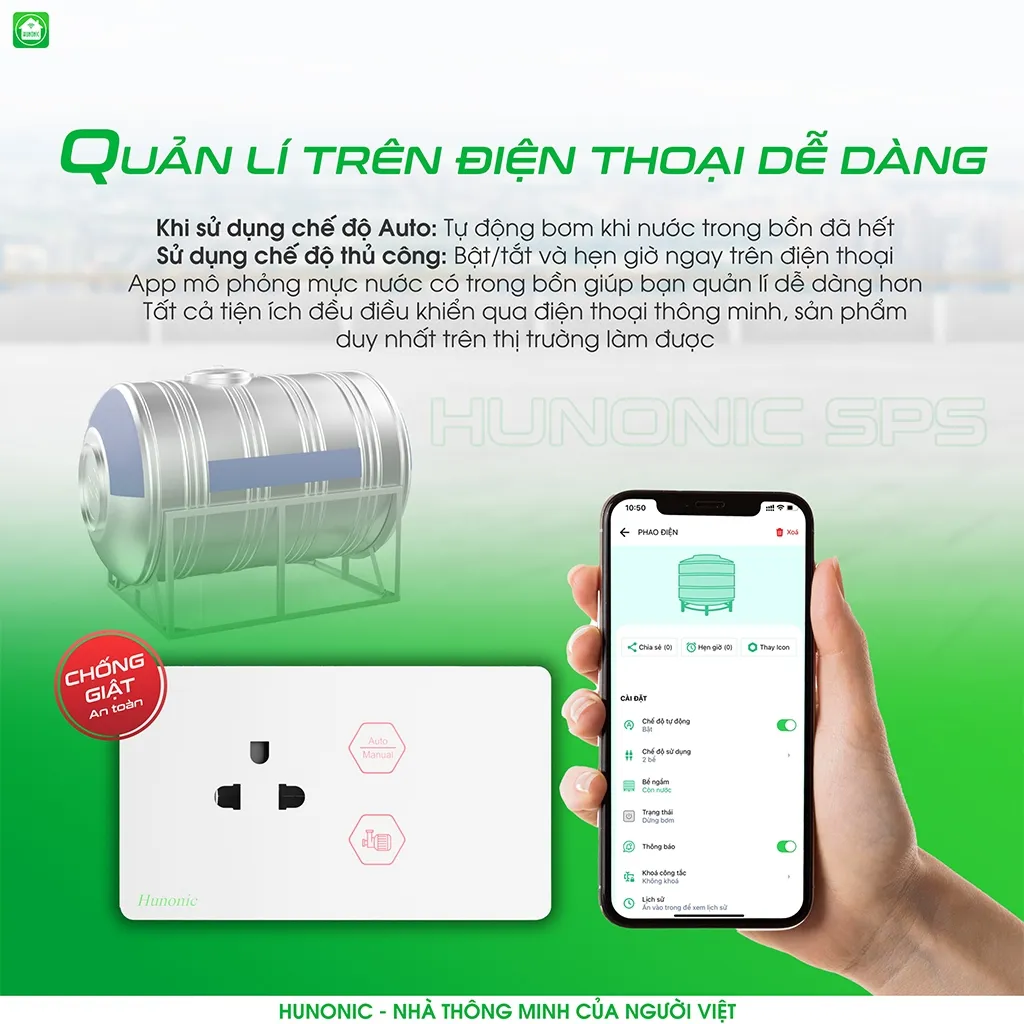 Ảnh Ổ Cắm Chống Giật Máy Bơm An Toàn Hunonic SPS, Ổ Cắm Máy Bơm Nước Kết Hợp Phao Điện - HNSKSPS 4