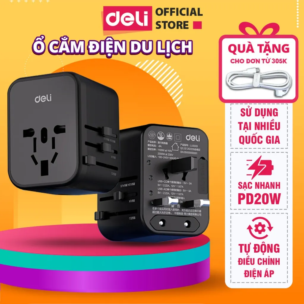 Ảnh Ổ Cắm Chuyển Đổi Du Lịch Deli Sạc Nhanh 20W Ổ Chia Điện DELI 4 Loại Chân Cắm Chuyển Đổi Dòng Điện 1