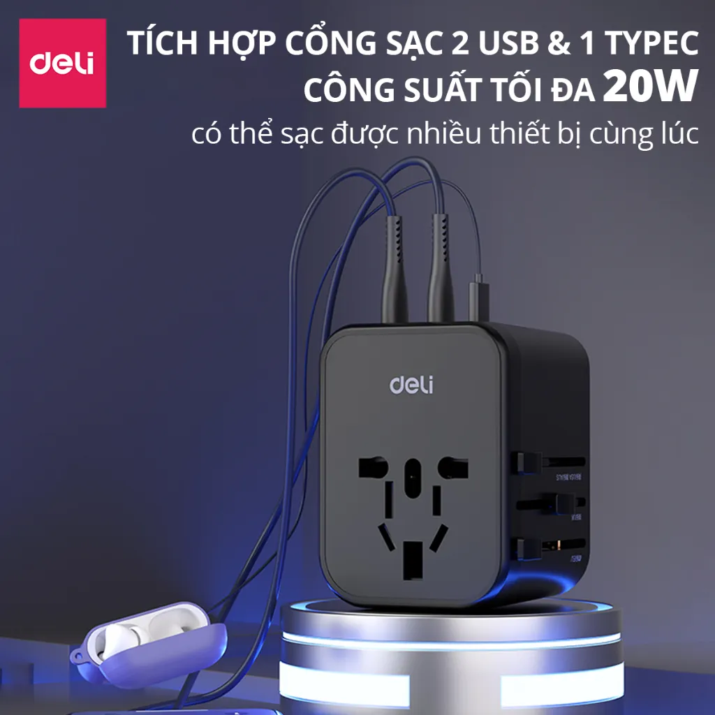 Ảnh Ổ Cắm Chuyển Đổi Du Lịch Deli Sạc Nhanh 20W Ổ Chia Điện DELI 4 Loại Chân Cắm Chuyển Đổi Dòng Điện 4