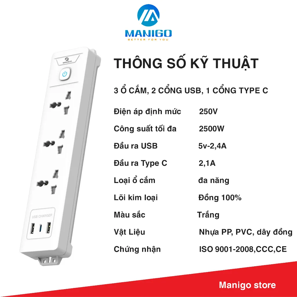 Ảnh Ổ Cắm Điện Đa Năng Manigo Công Suất 2500W Tích Hợp USB TypeC Ổ Vuông Dẹt 2,5m-3,5m BH 18 Tháng 2