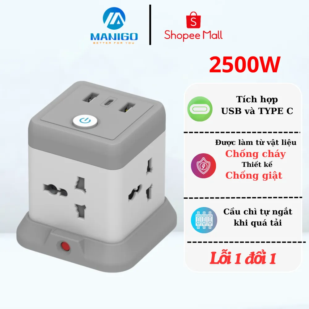 Ảnh Ổ Cắm Điện Đa Năng Tích Hợp Cổng USB Manigo 4 Lỗ Cắm Đầu 3 Công Suất 2500W BH 18 Tháng 1