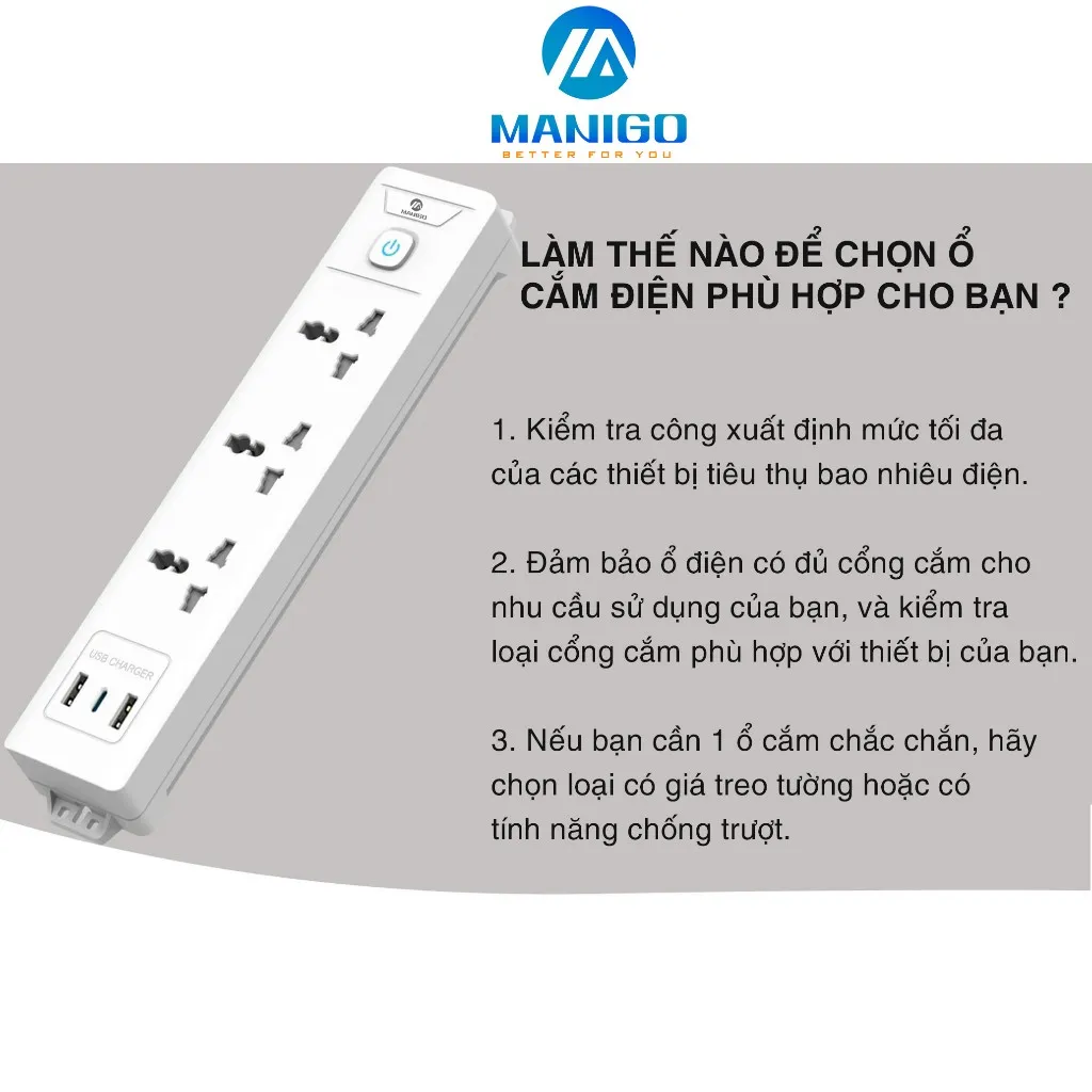 Ảnh Ổ Cắm Điện Đa Năng Tích Hợp Cổng USB Manigo 4 Lỗ Cắm Đầu 3 Công Suất 2500W BH 18 Tháng 3