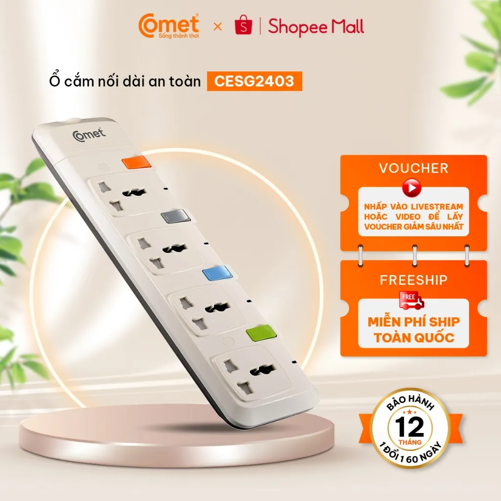 Ảnh Ổ Cắm Điện Nối Dài Comet CESG2403 2500W Dây Dài 3m,4 Lỗ 3 Chấu,4 Công Tắc, Có Nắp Lỗ Cắm  An Toàn 1