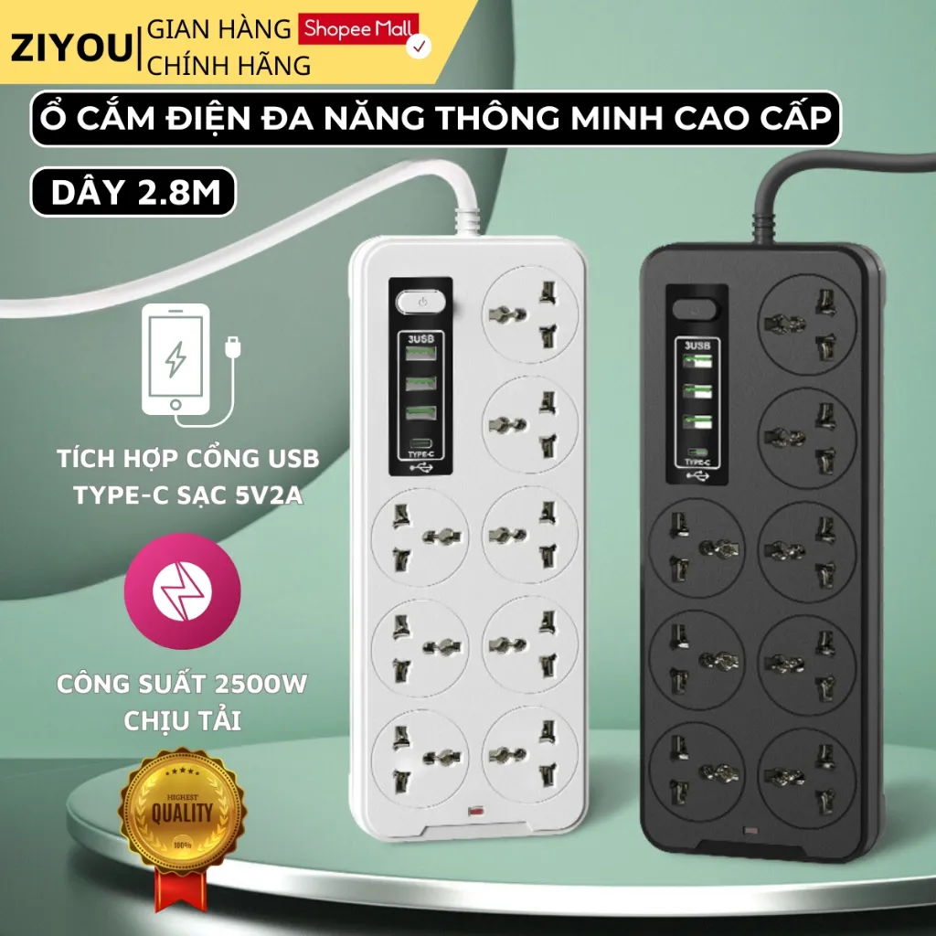Ổ Cắm Điện Đa Năng Cao Cấp A8 Sạc Nhanh USB Type C 2500W An Toàn