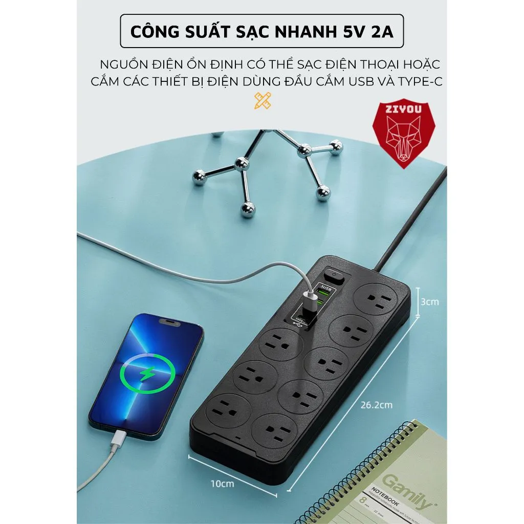 Ảnh Ổ Cắm Điện Đa Năng Cao Cấp A8 Sạc Nhanh Cổng USB TypeC Chịu Tải 2500w An Toàn Chịu Nhiệt Dây 2,8M 3