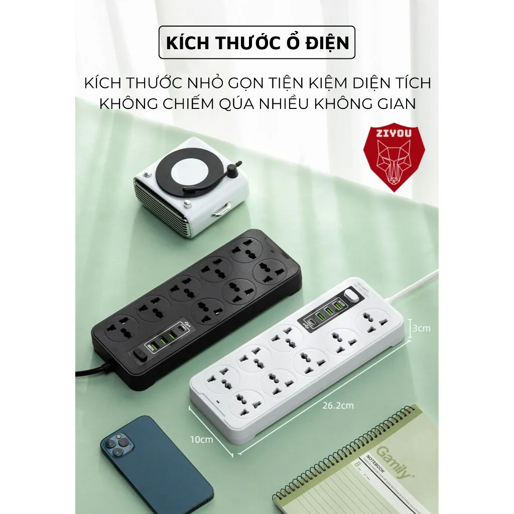 Ảnh Ổ Cắm Điện Đa Năng Cao Cấp A8 Sạc Nhanh Cổng USB TypeC Chịu Tải 2500w An Toàn Chịu Nhiệt Dây 2,8M 4