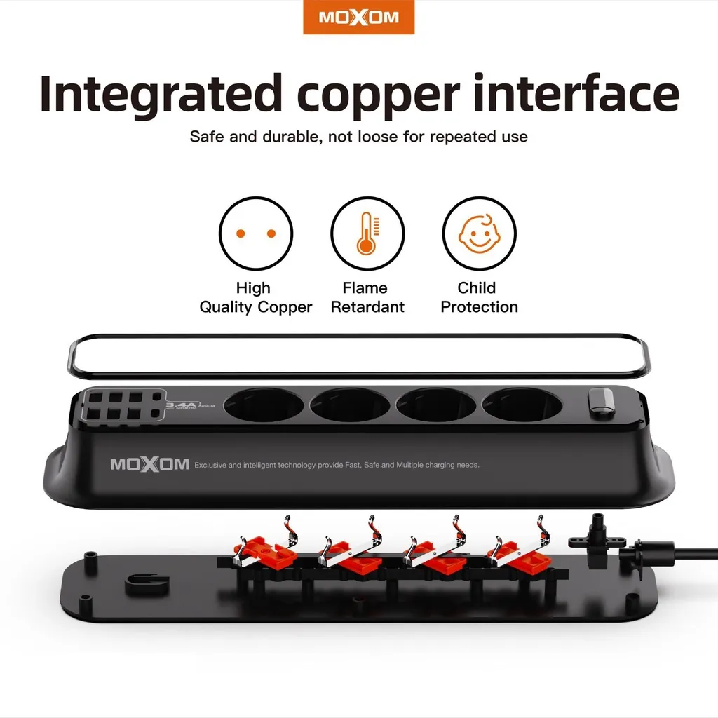 Ảnh Ổ cắm điện đa năng MOXOM ST05 tải 2500W, 6 USB sạc nhanh 3.4A/17W, 2 PD 17W, 4 lỗ EU đa năng, dây dài 2M 3