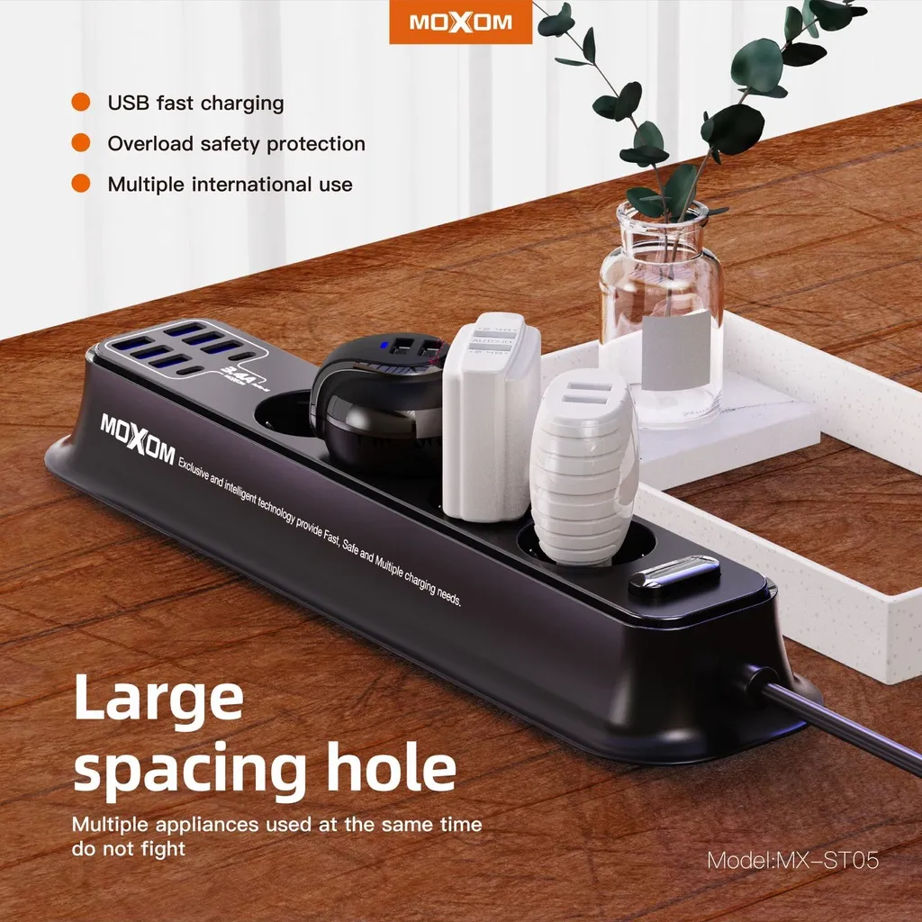 Ảnh Ổ cắm điện đa năng MOXOM ST05 tải 2500W, 6 USB sạc nhanh 3.4A/17W, 2 PD 17W, 4 lỗ EU đa năng, dây dài 2M 4