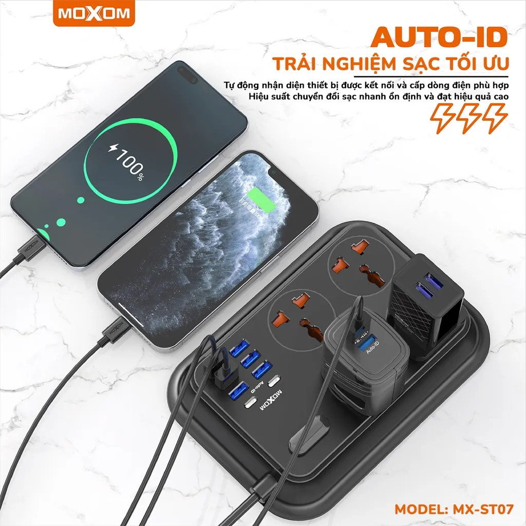 Ảnh Ổ cắm điện đa năng MOXOM tải 2500W, 4 lỗ đa năng, 6 USB sạc nhanh 3.4A, 2 PD 17W, nút kích hoạt an toàn điện, dây dài 2M 4