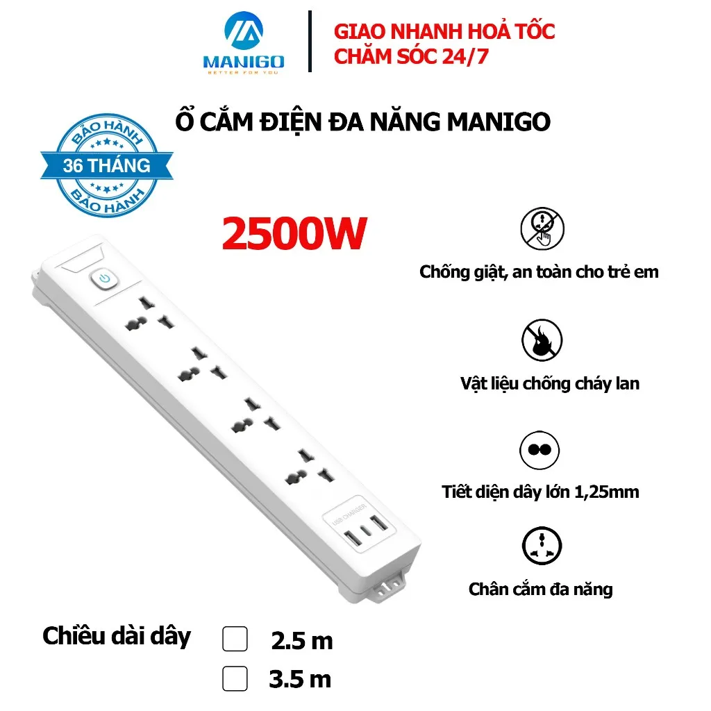 Ảnh Ổ cắm điện đa năng thông minh chữ nhật Manigo 1K4UC 4 ổ 2 cổng USB typeC Hàng chính hãng BH 36 tháng 1