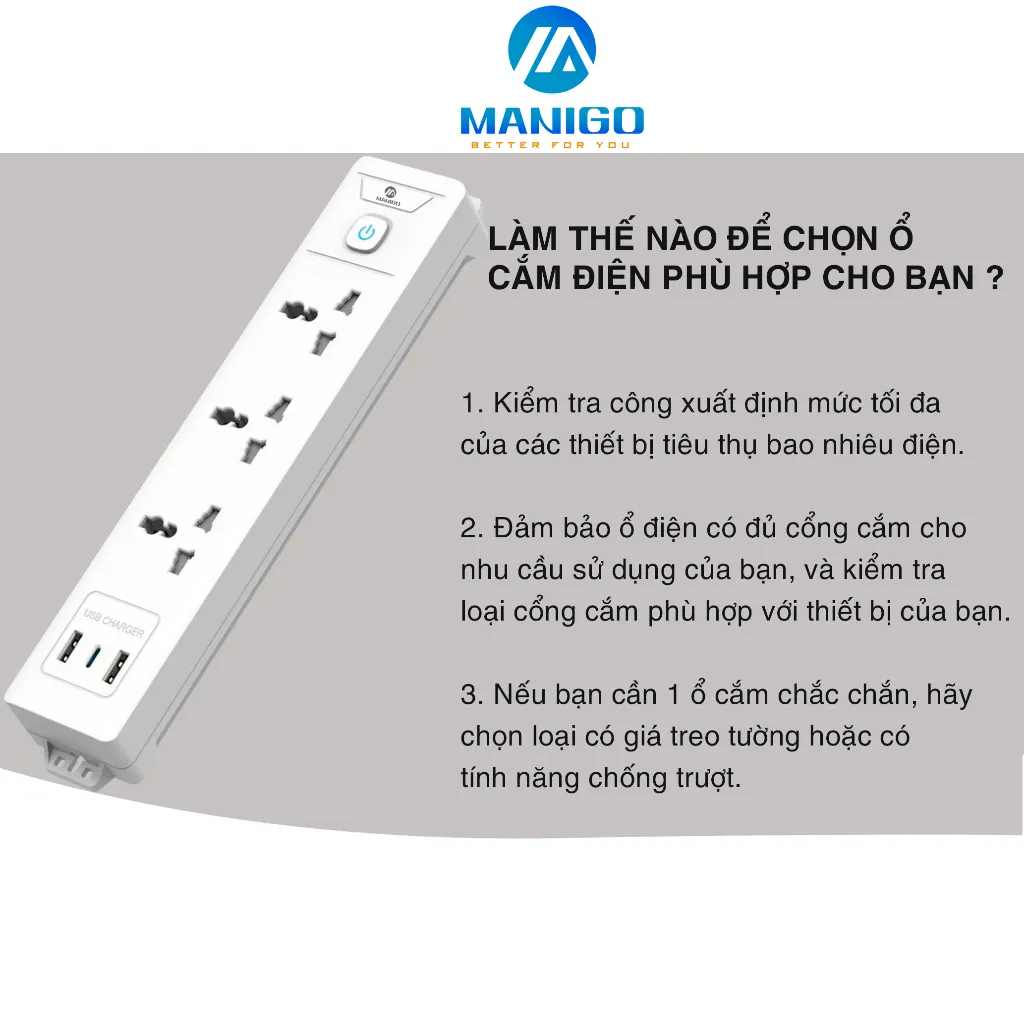 Ảnh Ổ cắm điện đa năng thông minh chữ nhật Manigo 1K4UC 4 ổ 2 cổng USB typeC Hàng chính hãng BH 36 tháng 2