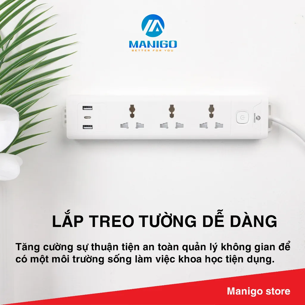 Ảnh Ổ cắm điện đa năng thông minh chữ nhật Manigo 1K4UC 4 ổ 2 cổng USB typeC Hàng chính hãng BH 36 tháng 4
