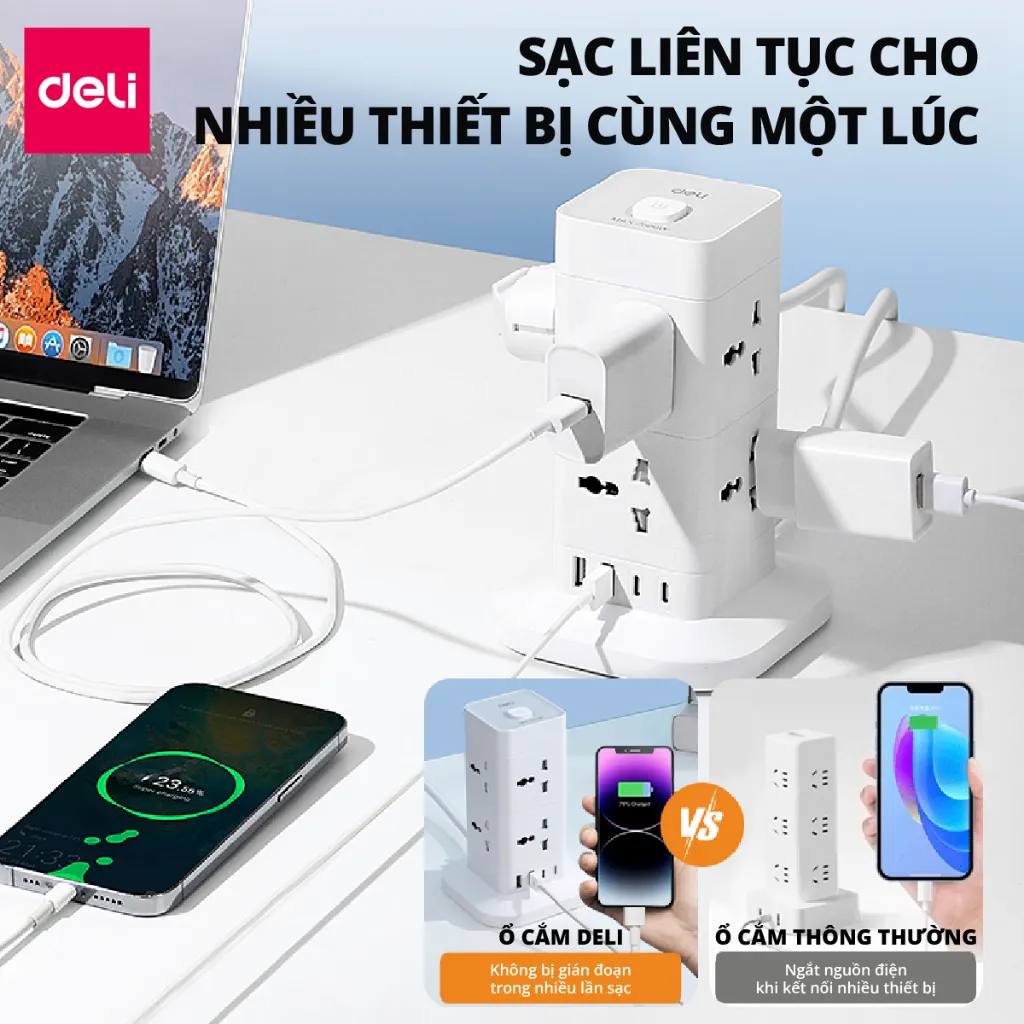 Ảnh Ổ Cắm Điện DELI Đa Năng Sạc Nhanh PD20W TypeC USB Ổ Điện Vuông Dẹt Công Suất 2500W Lõi Chống Giật 3