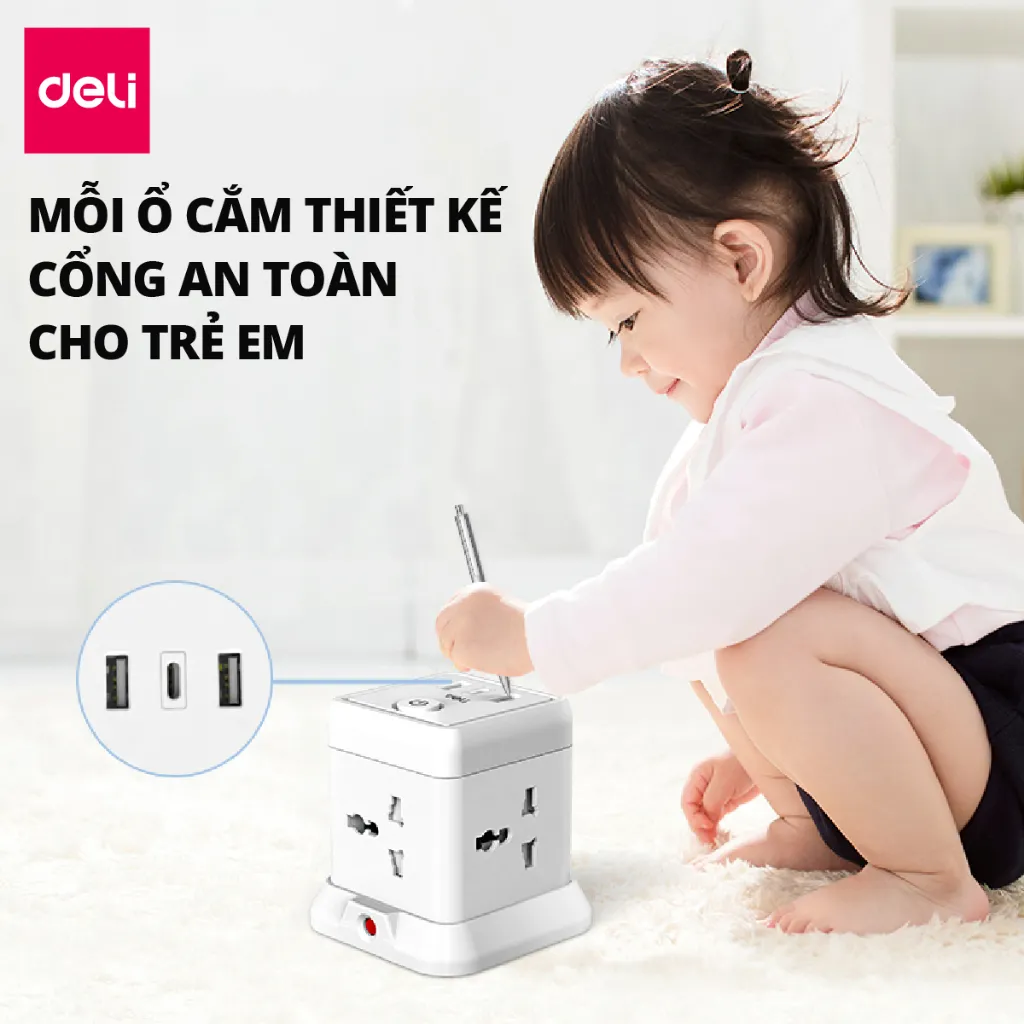 Ảnh Ổ Cắm Điện DELI Đa Năng Sạc Nhanh PD20W TypeC USB Ổ Điện Vuông Dẹt Công Suất 2500W Lõi Chống Giật 4