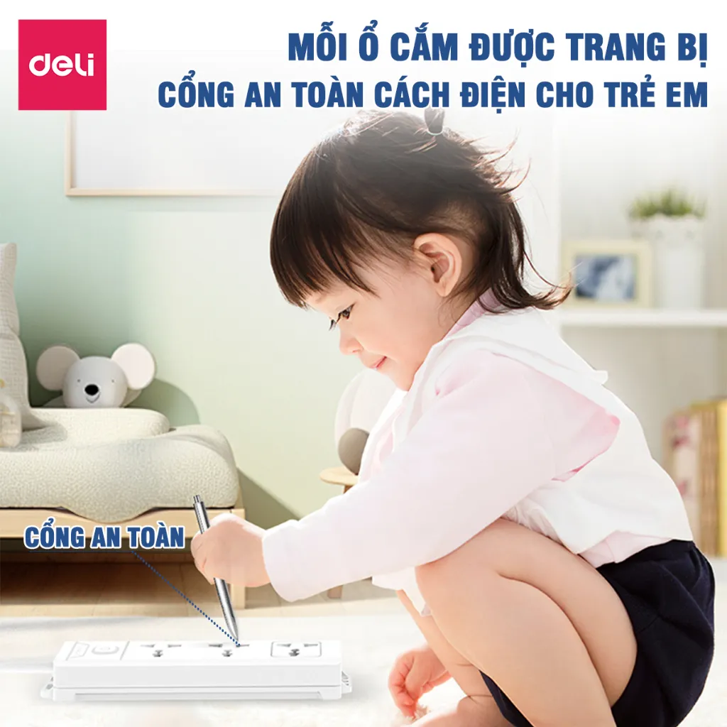 Ảnh Ô Cắm Điện DELI Công Suất Lớn 3250W Ổ Điện Đa Năng Chịu Tải Cao Sạc USB Tiết Diện Dây Đồng Lớn 3