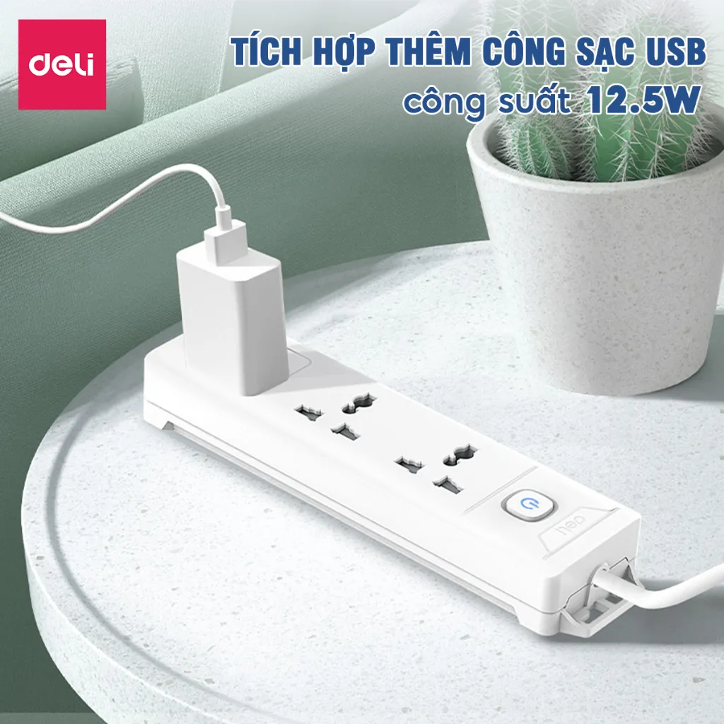 Ảnh Ô Cắm Điện DELI Công Suất Lớn 3250W Ổ Điện Đa Năng Chịu Tải Cao Sạc USB Tiết Diện Dây Đồng Lớn 4