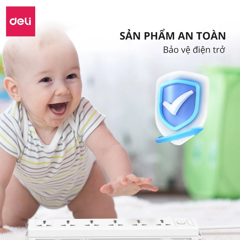 Ảnh Ổ Cắm Điện DELI Nhiều Lỗ Cắm (4-8 Lỗ) Chiều Dài Dây 2m/3m/5m Nút Bảo Vệ Quá Áp Công Suất 2500W 4