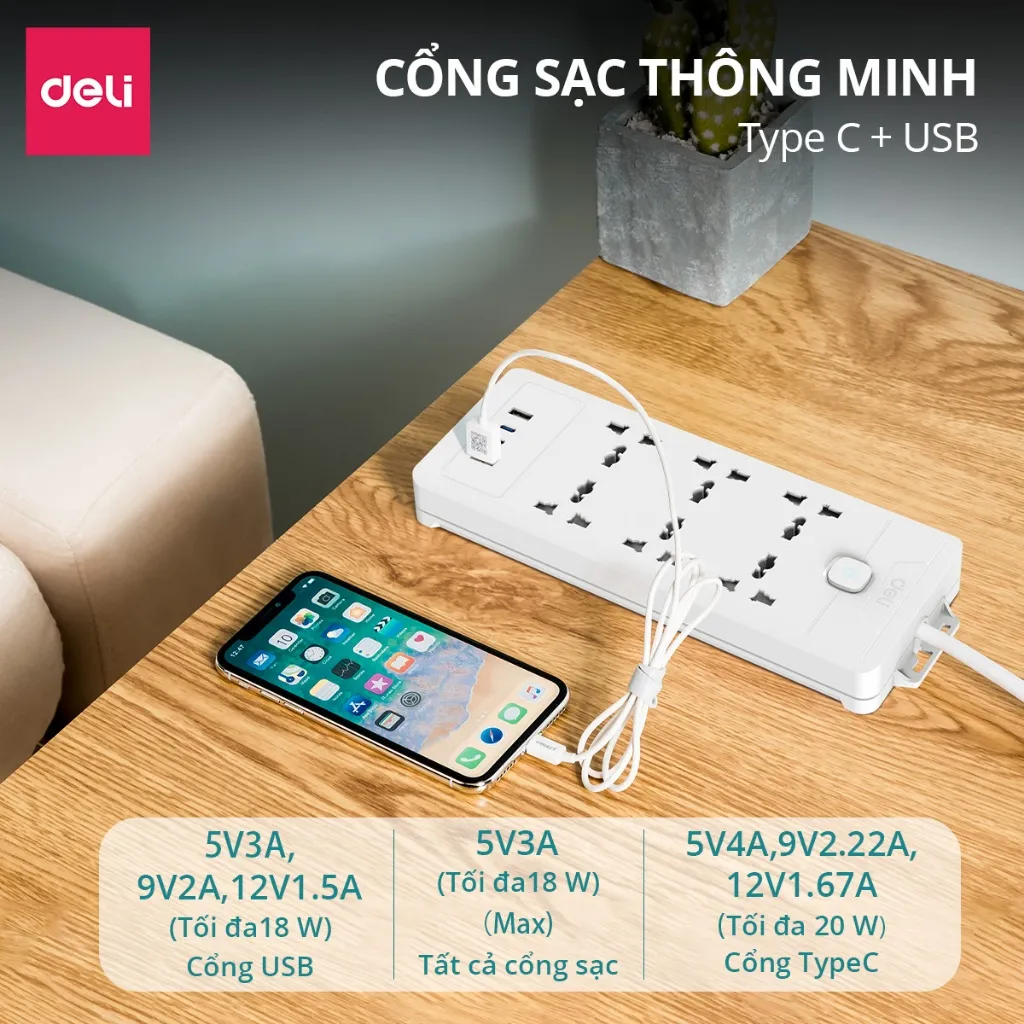 Ảnh Ổ Cắm Điện DELI Tích Hợp Cổng Sạc USB TypeC Sạc Nhanh 20W CSuất 2500W Bảo Vệ Quá Áp Chống Cháy Nổ 2